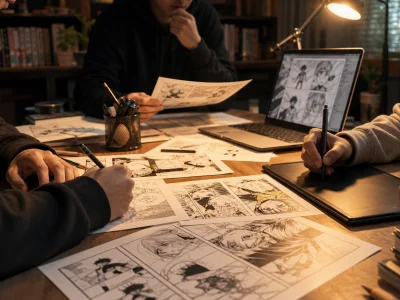 Un atelier de scantrad manga avec pages imprimées et travail collaboratif autour d'écrans.