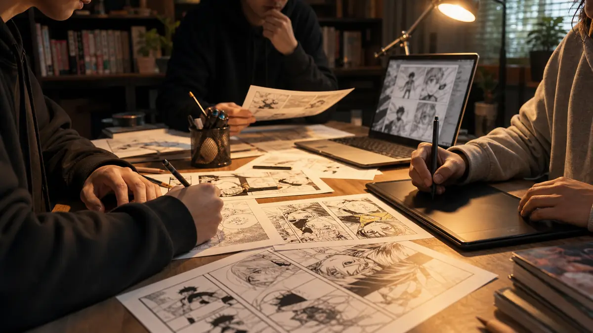 Un atelier de scantrad manga avec pages imprimées et travail collaboratif autour d'écrans.