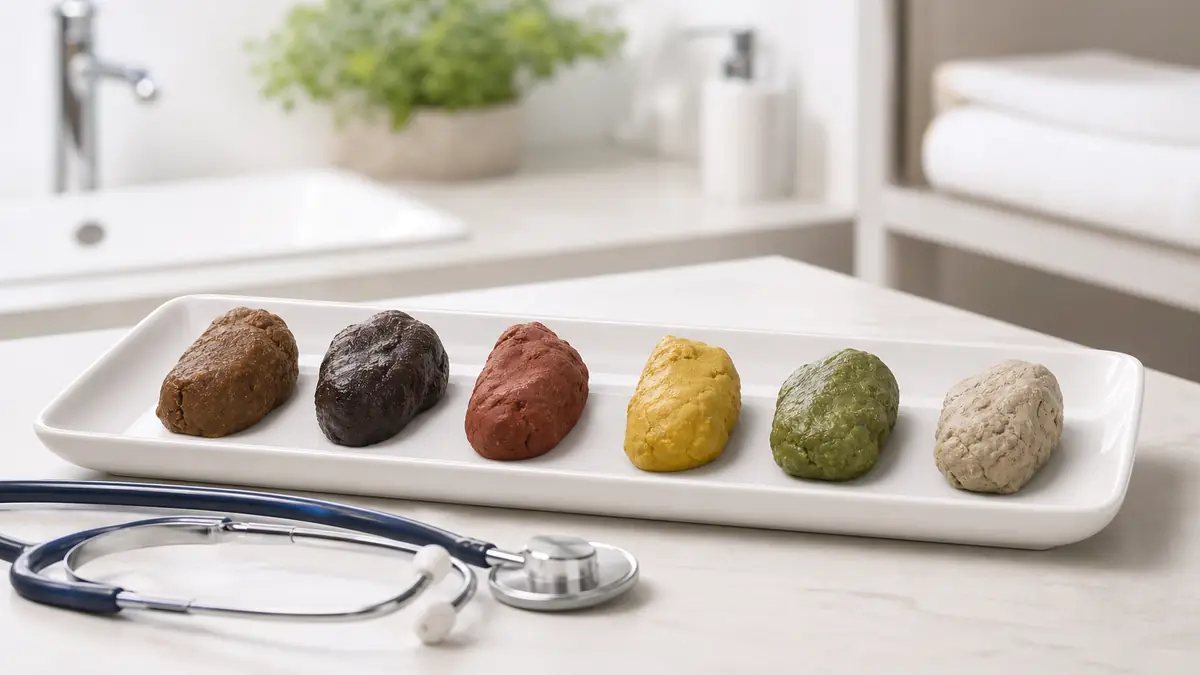 En contexte clinique, la selle couleur apparaît ici sous plusieurs teintes digestives.