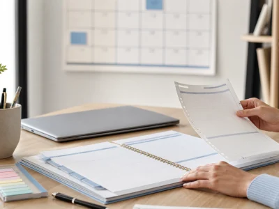 Organisation de la semaine 2026 sur un bureau avec agenda et calendrier.