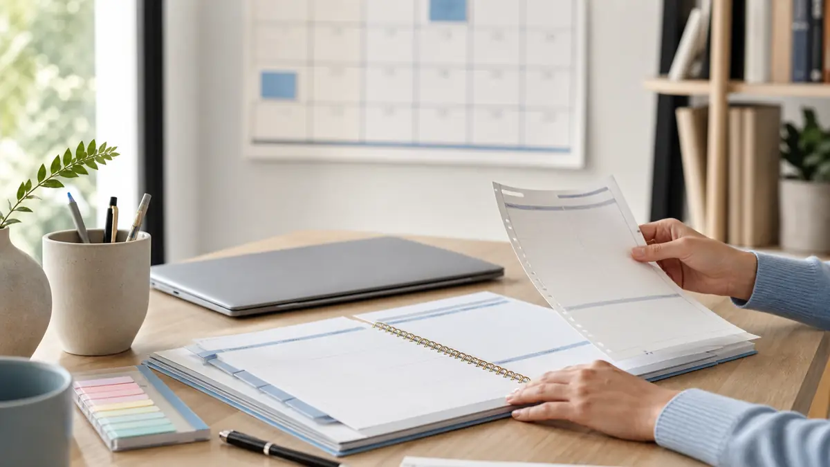 Organisation de la semaine 2026 sur un bureau avec agenda et calendrier.