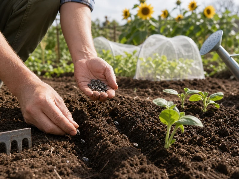 Semer le tournesol en pleine terre dans un champ ensoleillé