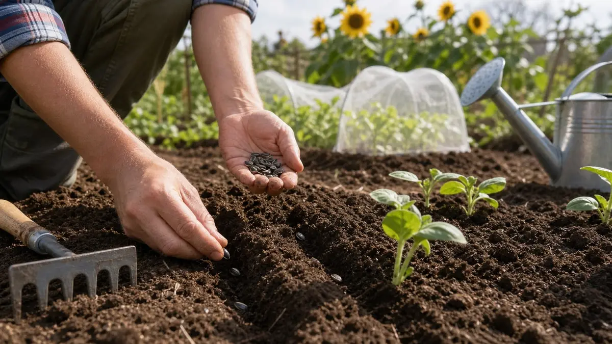 Semer le tournesol en pleine terre dans un champ ensoleillé