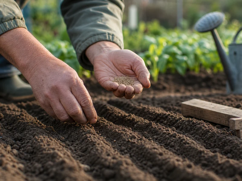 Un semis de carotte réalisé avec soin dans une terre fine du potager.