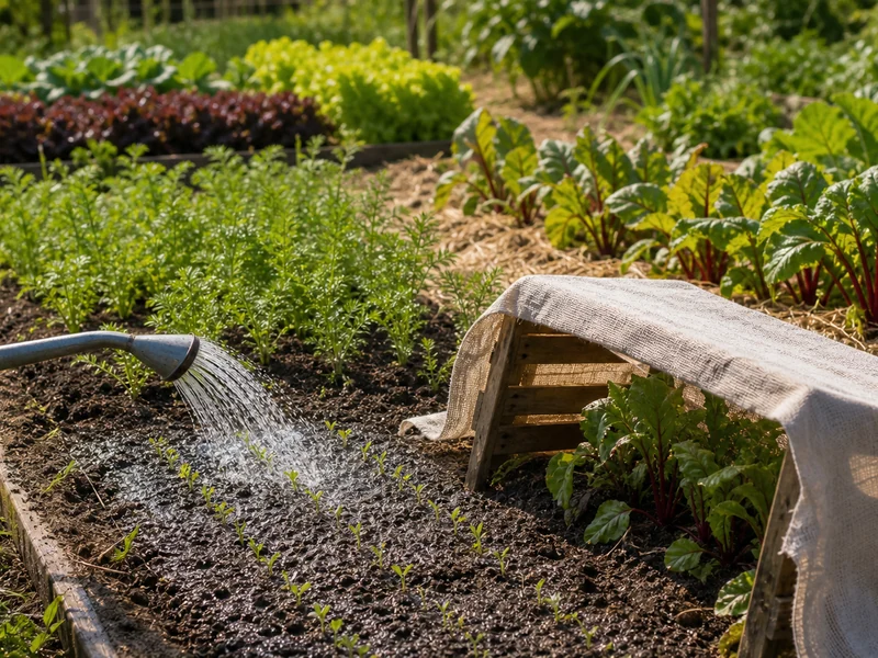 Des semis de juillet arrosés dans un potager paillé sous ombrage.