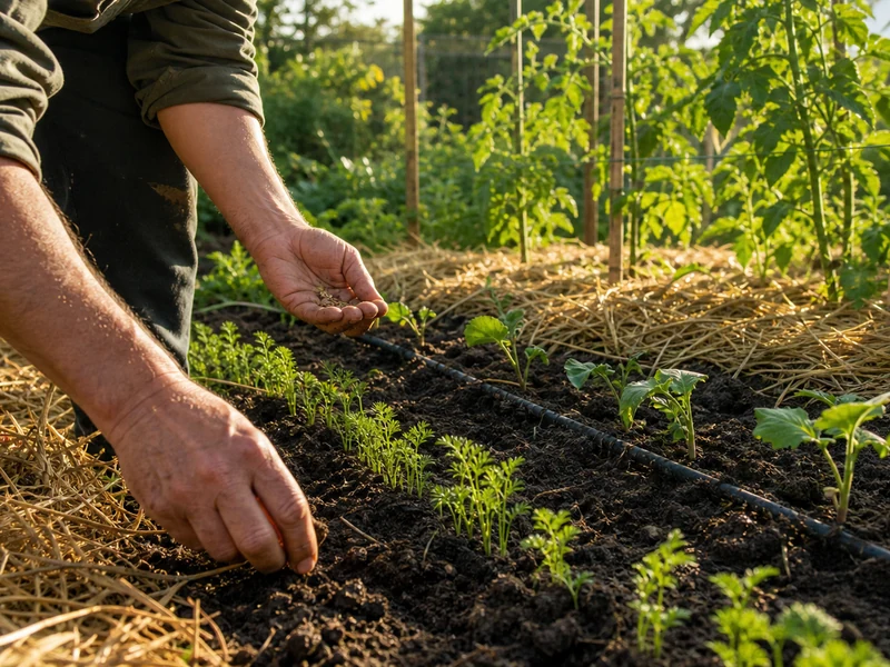Des semis de juin arrosés dans un potager paillé au soleil.