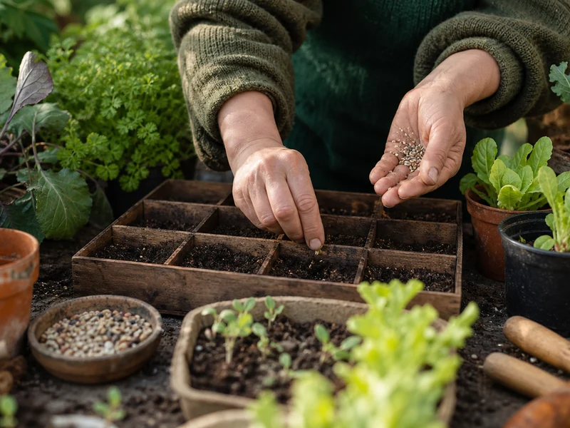 Des mains préparent un semis Kokopelli dans un potager vivant.