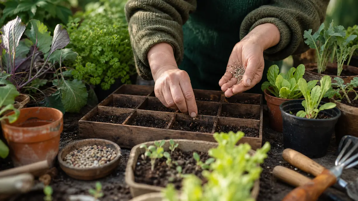 Des mains préparent un semis Kokopelli dans un potager vivant.