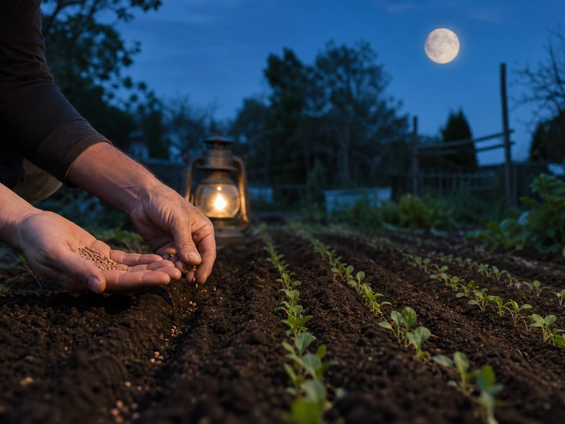 Un semis avec la lune dans un potager au crépuscule.