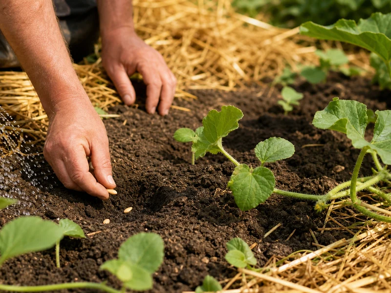 Jeune plant et graines pour un semis de melon en pleine terre au potager.
