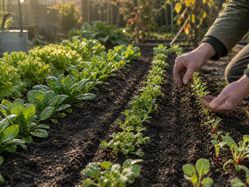 Des semis de septembre prennent racine dans un potager humide.