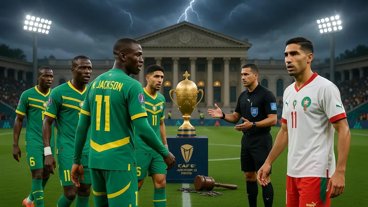Des joueurs du Sénégal Maroc se font face avec un arbitre près d'un trophée dans un stade