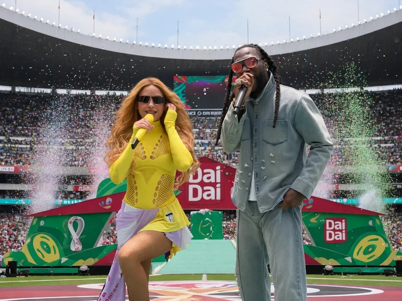 Shakira coupe du monde 2026 et son partenaire chantent sur scène dans un stade rempli de spectateurs
