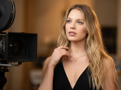 Shanna Besson pose avec élégance devant une caméra de cinéma vintage dans un studio lumineux