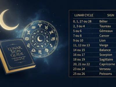 Illustration poétique du calcul du signe lunaire avec un homme méditant sous les phases de la lune.