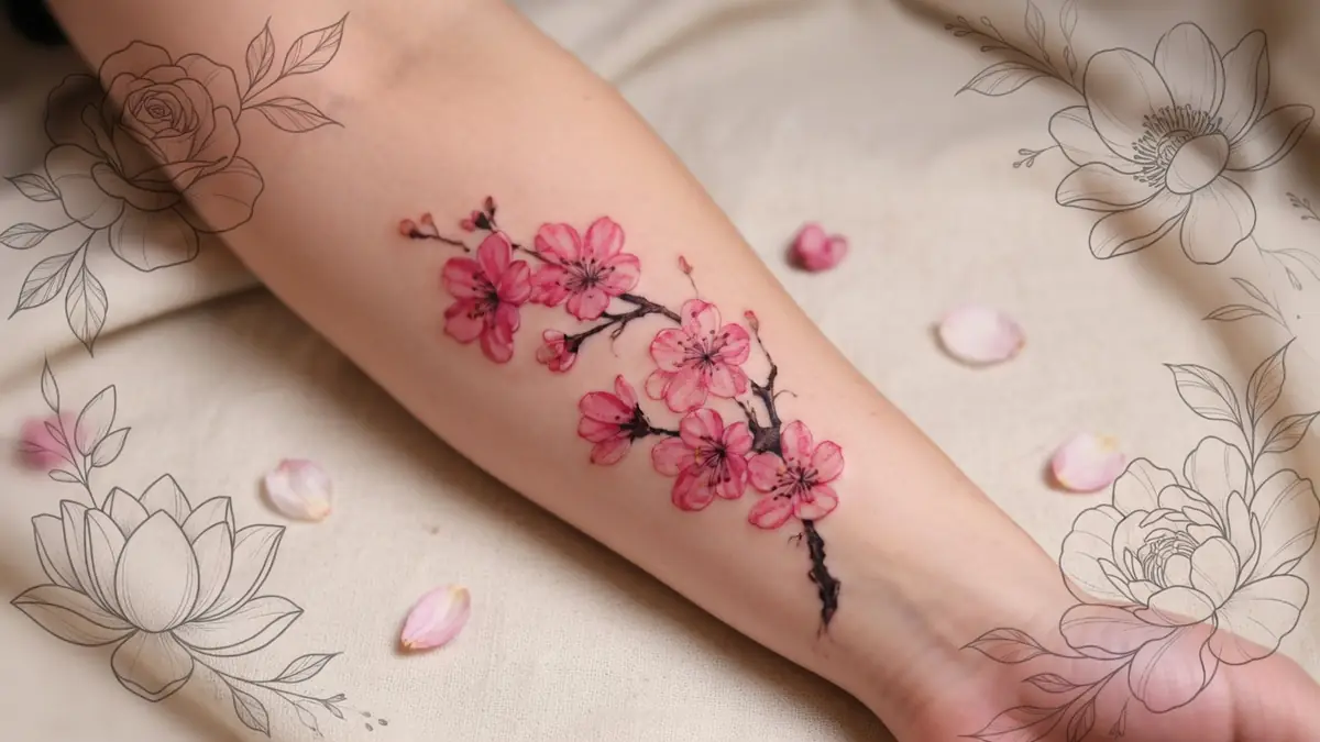 Avant-bras orné d'un délicat tatouage de fleurs de cerisier roses pour illustrer la signification fleur tatouage