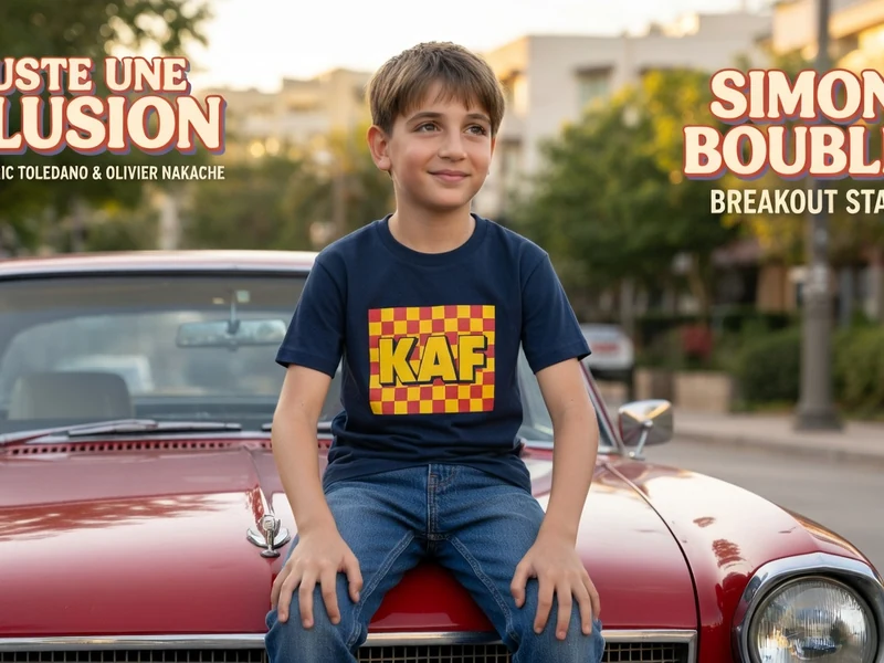 Un jeune garçon souriant est assis sur le capot d'une voiture rouge, représentant Simon Boublil