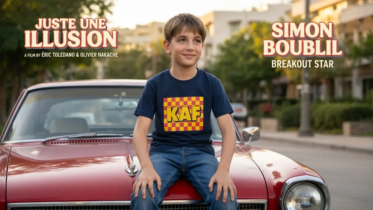 Un jeune garçon souriant est assis sur le capot d'une voiture rouge, représentant Simon Boublil