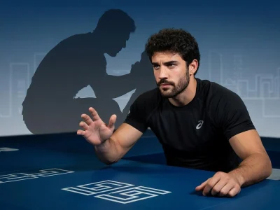 L'acteur Simon Ehrlacher pose de manière concentrée sur un tapis de sport bleu avec une silhouette en arrière-plan