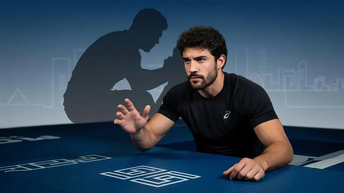L'acteur Simon Ehrlacher pose de manière concentrée sur un tapis de sport bleu avec une silhouette en arrière-plan