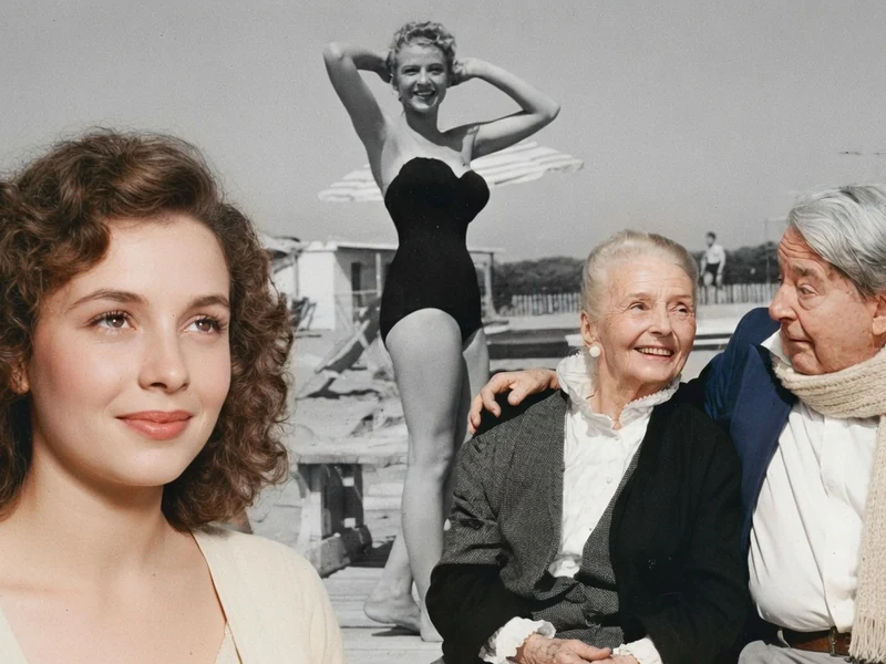 Simone Valère apparaît jeune à gauche et âgée aux côtés d'un homme sur la droite