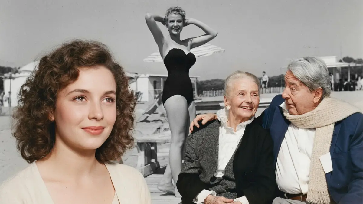 Simone Valère apparaît jeune à gauche et âgée aux côtés d'un homme sur la droite