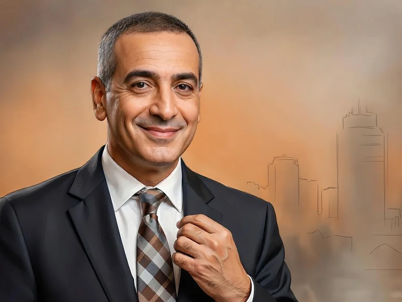 Smaïl Mekki ajuste sa cravate en souriant sur un fond de skyline urbain