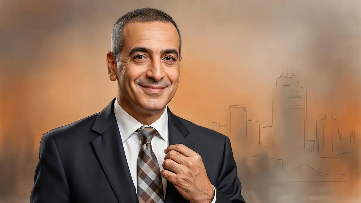 Smaïl Mekki ajuste sa cravate en souriant sur un fond de skyline urbain