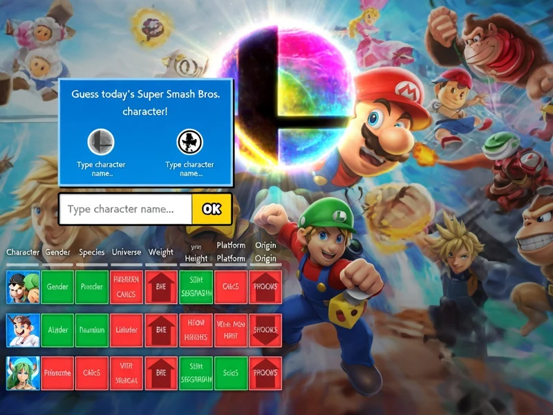 Smashdle montre des personnages de Super Smash Bros autour d'un portail arc-en-ciel coloré