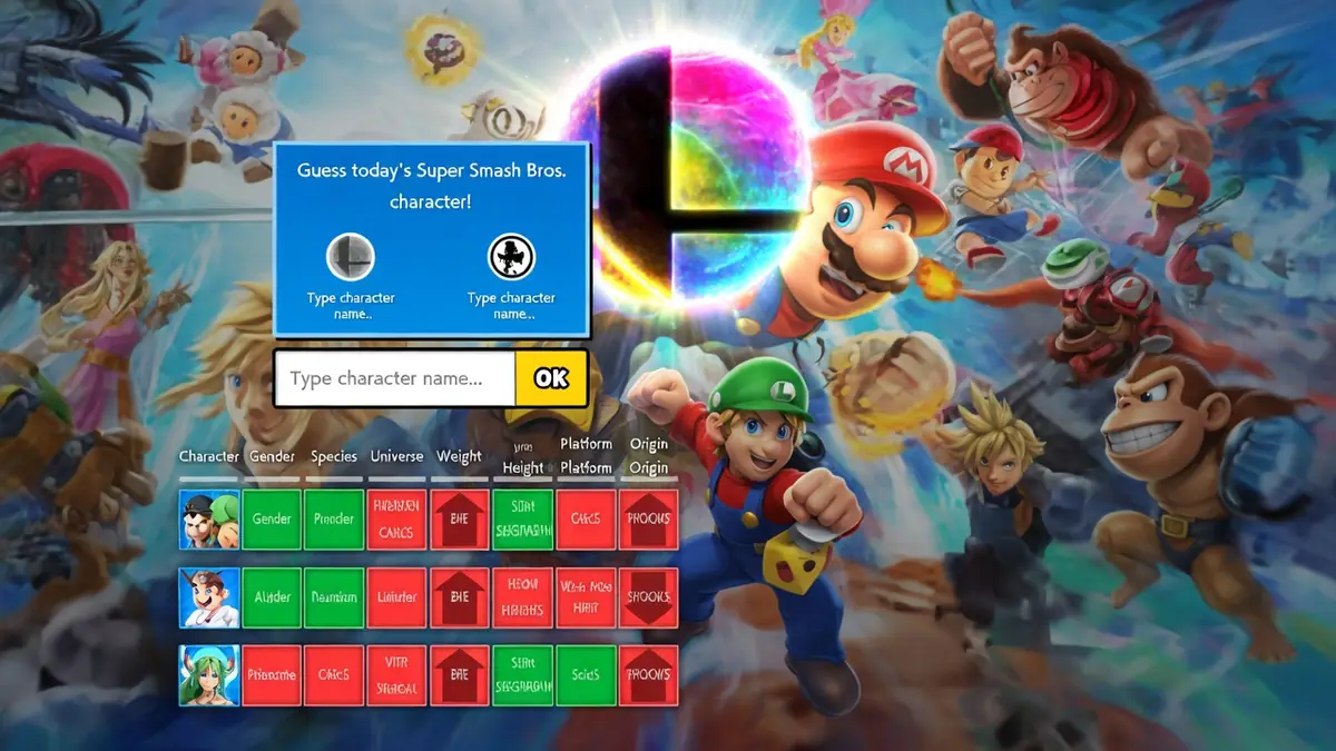 Smashdle montre des personnages de Super Smash Bros autour d'un portail arc-en-ciel coloré