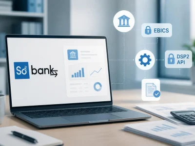 Un ordinateur portable affichant une interface Sobank connectée à des outils de gestion bancaire automatisée