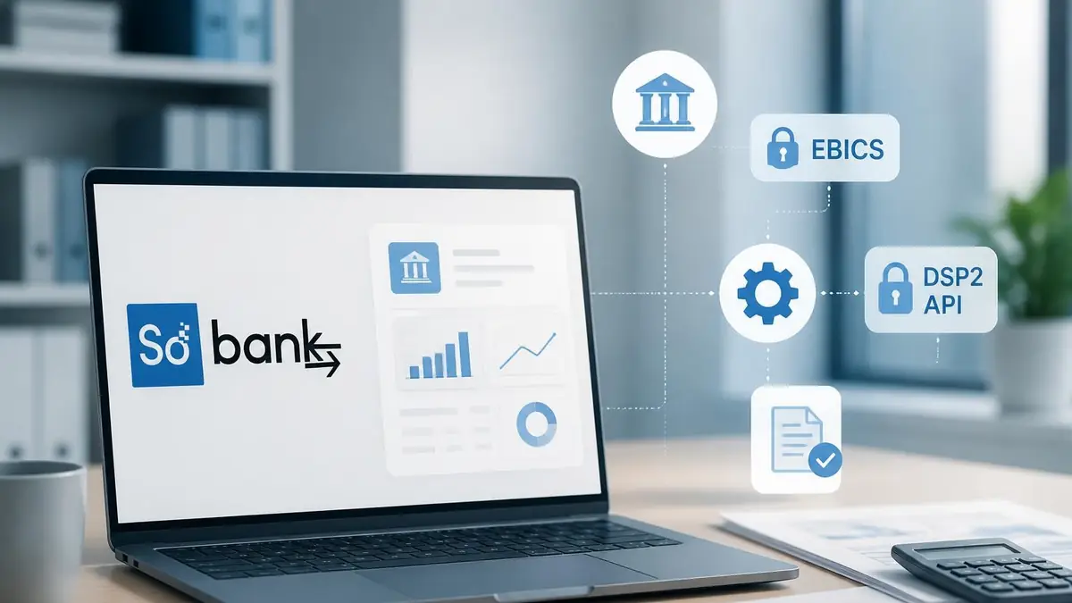 Un ordinateur portable affichant une interface Sobank connectée à des outils de gestion bancaire automatisée