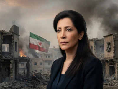 La journaliste Sofia Amara pose devant un paysage urbain dévasté par un conflit armé