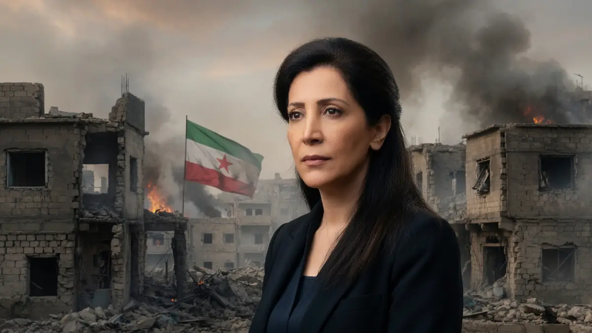 La journaliste Sofia Amara pose devant un paysage urbain dévasté par un conflit armé