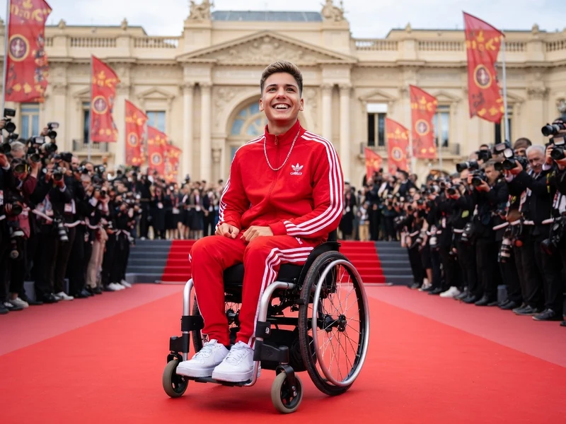 Sofian Ribes sourit en fauteuil roulant sur un tapis rouge entouré de nombreux photographes