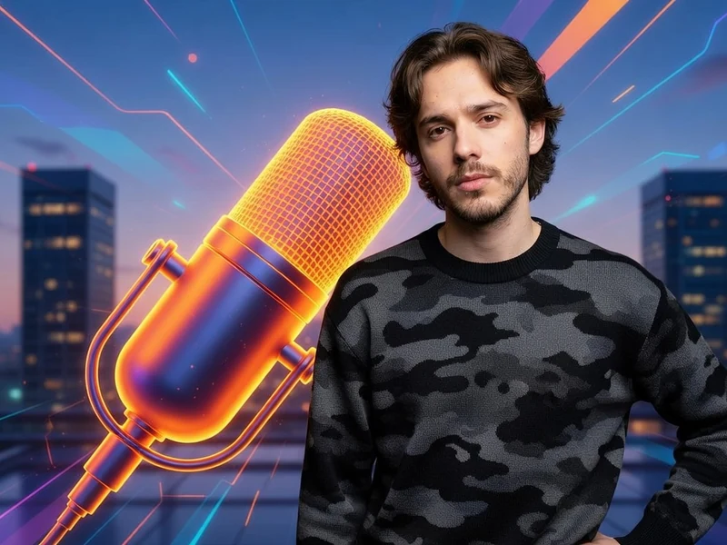 Solal Lellouche pose devant un micro de studio stylisé sur fond de paysage urbain au crépuscule