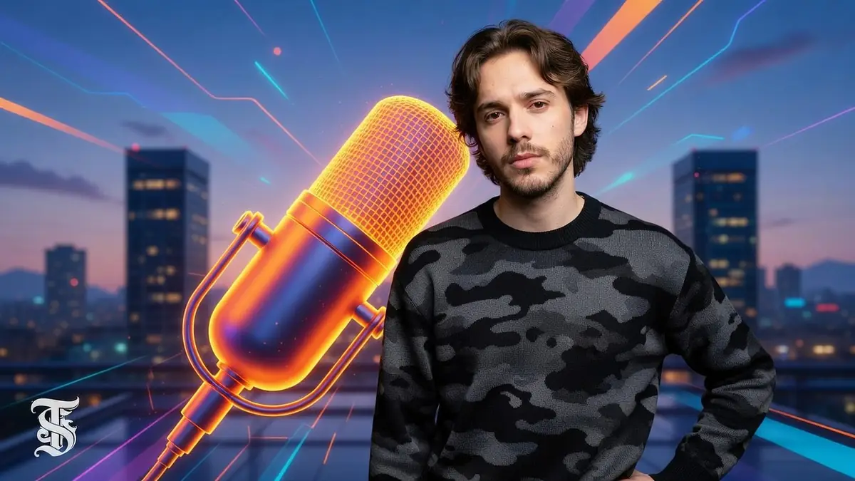 Solal Lellouche pose devant un micro de studio stylisé sur fond de paysage urbain au crépuscule