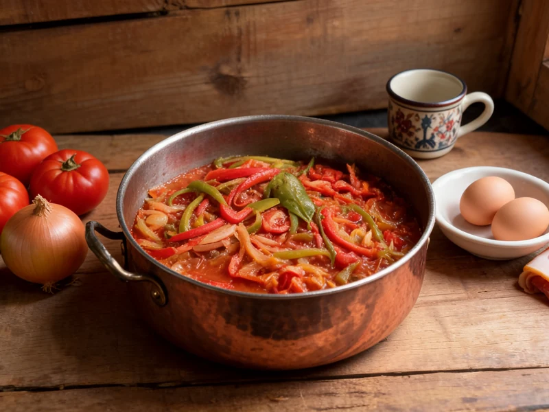 Les ingrédients du Sud-Ouest entourent la recette La Piperade dans une poêle en cuivre sur une table en bois