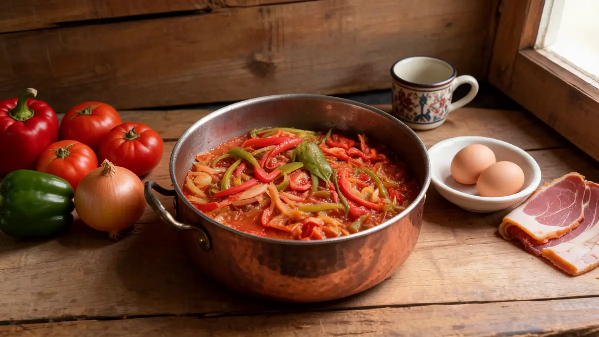 Les ingrédients du Sud-Ouest entourent la recette La Piperade dans une poêle en cuivre sur une table en bois