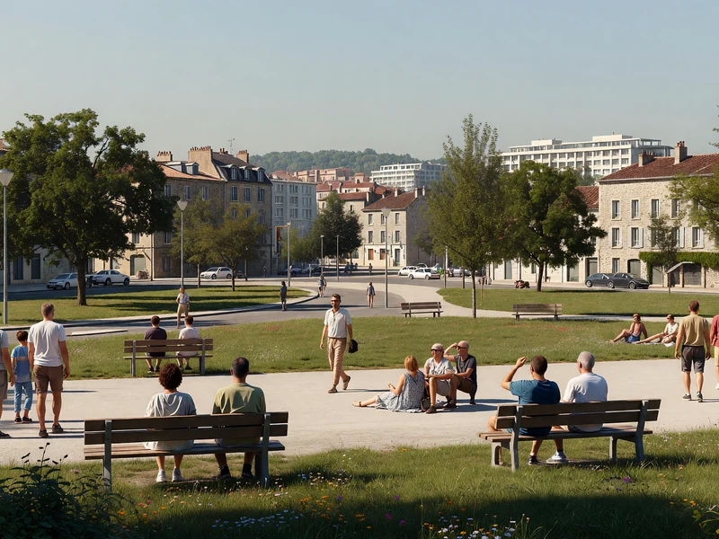 Personnes assises sur des bancs dans un parc ensoleillé pour la météo Roanne