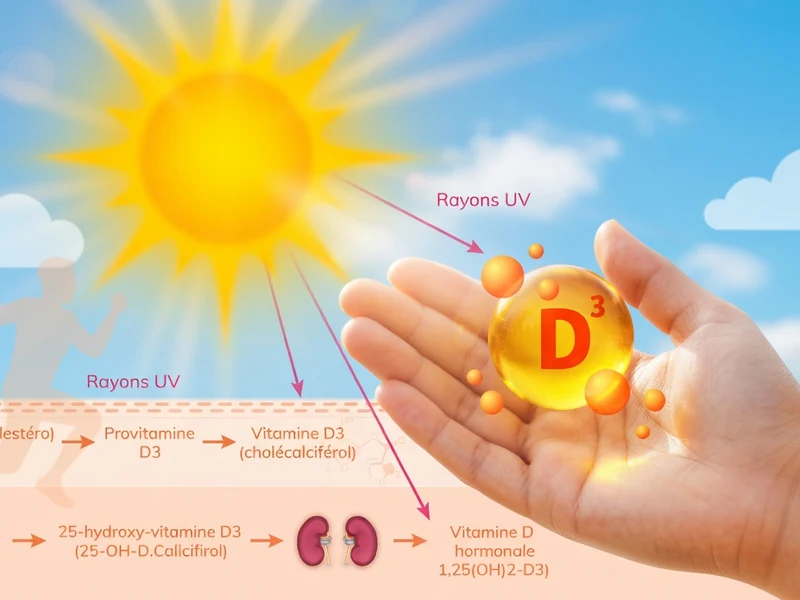 Les effets du soleil et vitamine sont représentés par une main tenant une molécule lumineuse