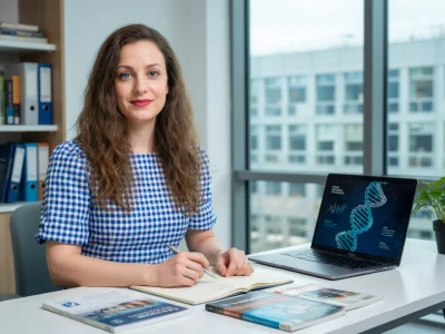 Solène Schmitt IGBMC est assise à son bureau devant un ordinateur portable affichant une hélice d'ADN