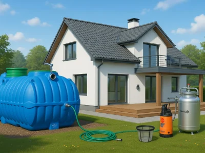 Maison avec jardin équipée d'un grand réservoir bleu connecté par un tuyau à un système de pompage zbiornikiem