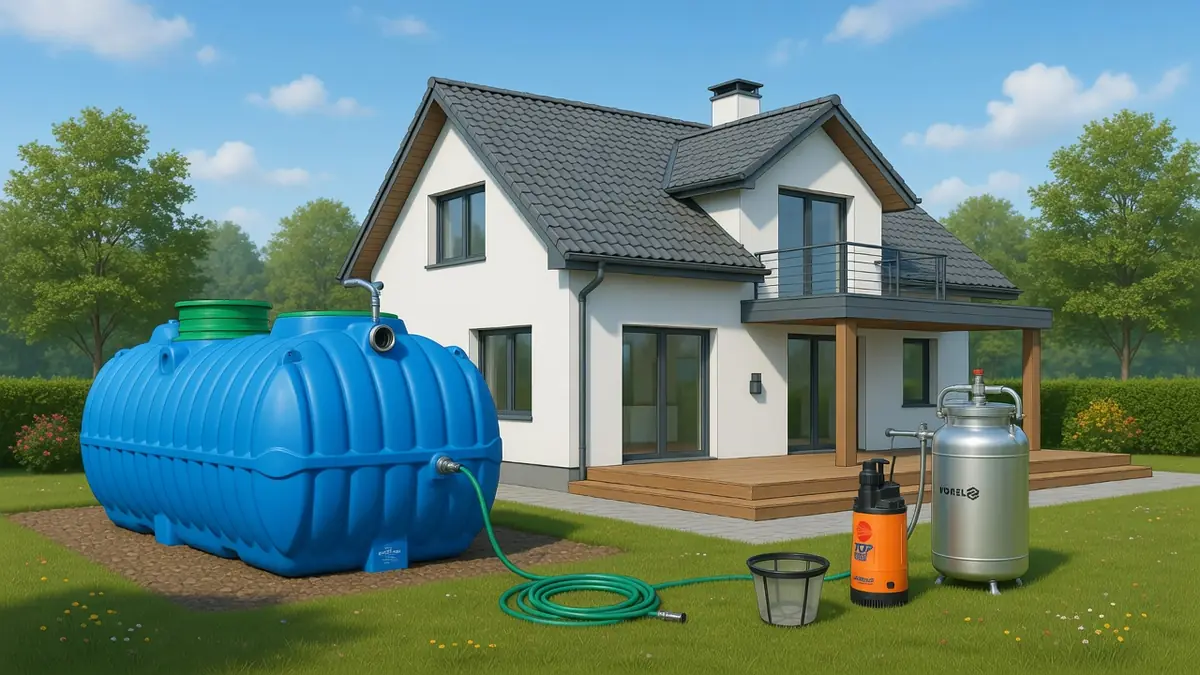 Maison avec jardin équipée d'un grand réservoir bleu connecté par un tuyau à un système de pompage zbiornikiem