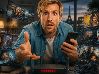 Un homme surpris utilise son smartphone avec la plateforme Soponov entouré d'écrans de streaming flottants