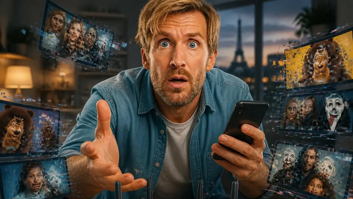 Un homme surpris utilise son smartphone avec la plateforme Soponov entouré d'écrans de streaming flottants