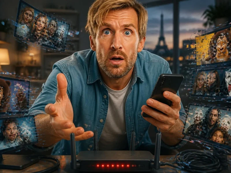 Un homme surpris utilise son smartphone avec la plateforme Soponov entouré d'écrans de streaming flottants