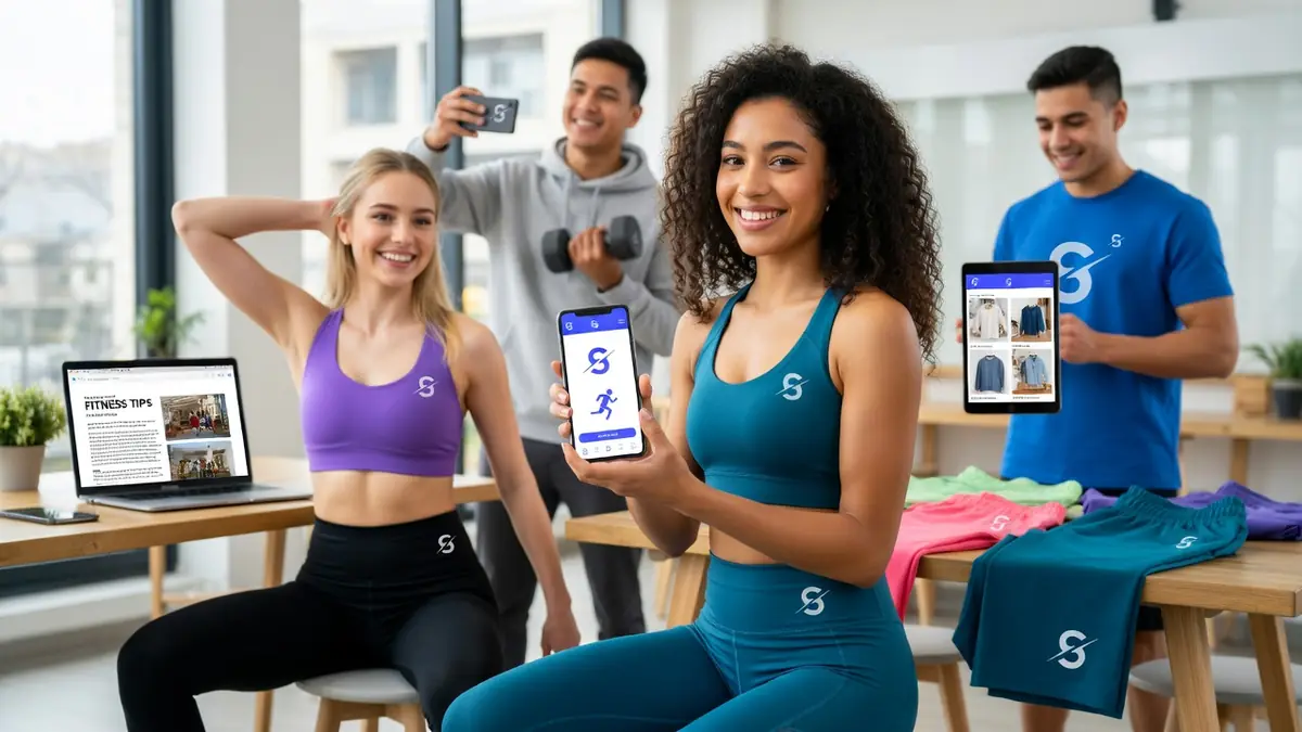 Des jeunes en tenue sportive posent avec leurs appareils dans un magasin mode fitness Sosoactive