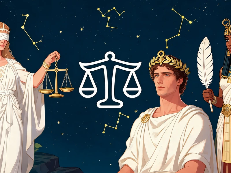 Figures divines représentant le signe astrologique La Balance sous un ciel constellé
