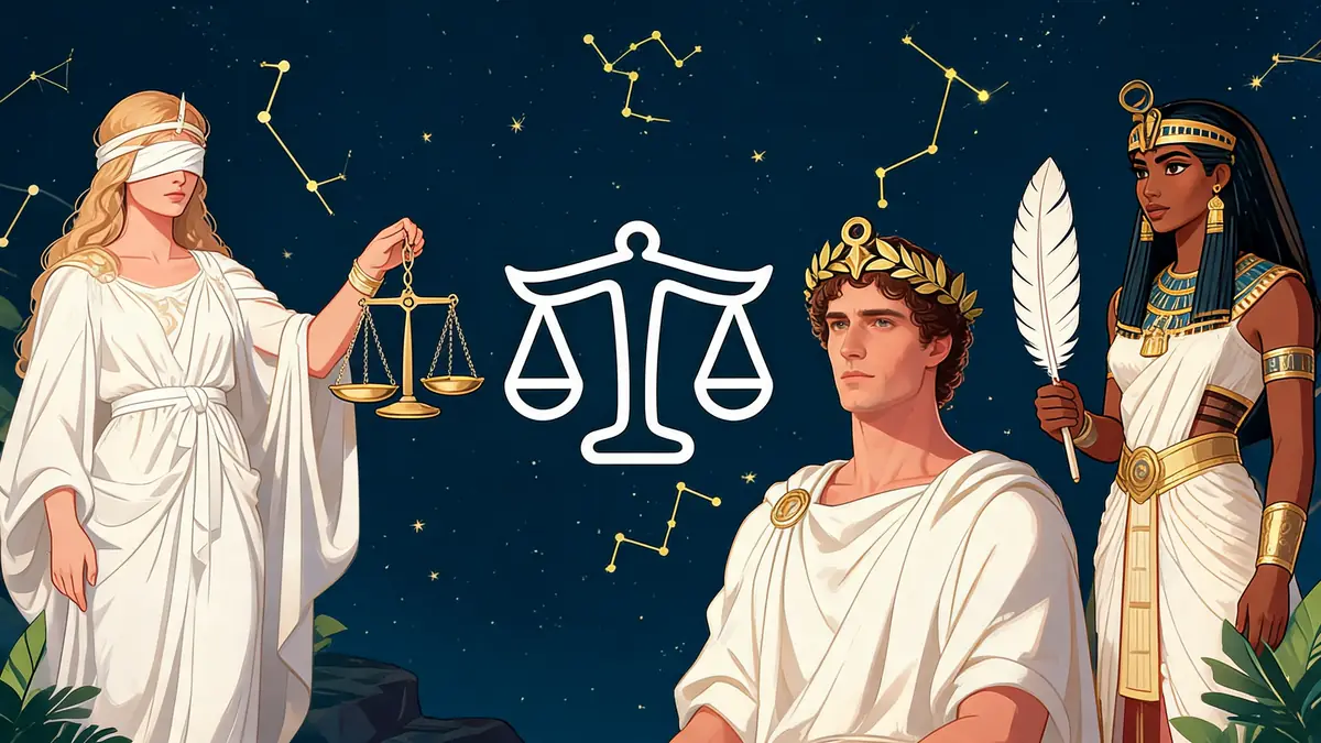 Figures divines représentant le signe astrologique La Balance sous un ciel constellé